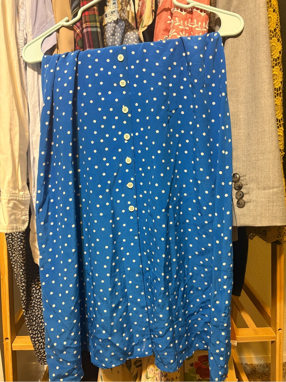 Blue Polka Dot Button-Front Skirt midi skirt amour vert 100% silk